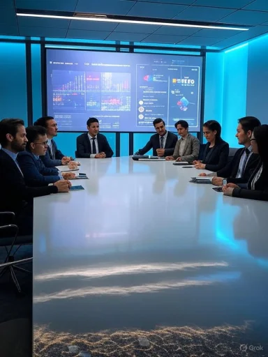 Business professionals in suits sit around a long glossy conference table as charts glow on a screen.