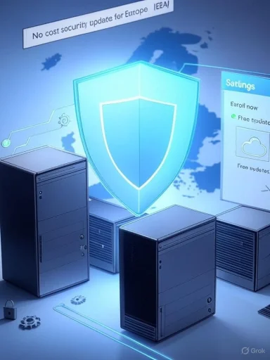 A glowing shield hovers above server racks, symbolizing cybersecurity.
