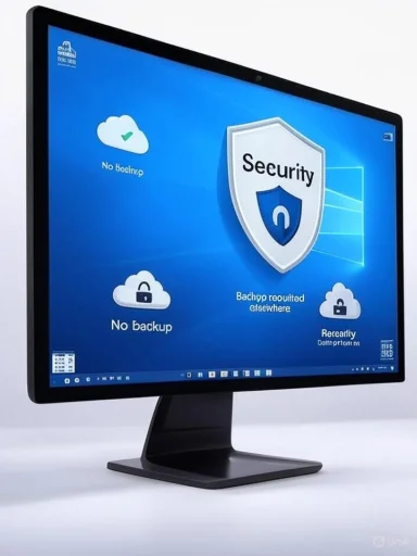 A curved monitor displays a Windows security screen with a shield and cloud backup icons.