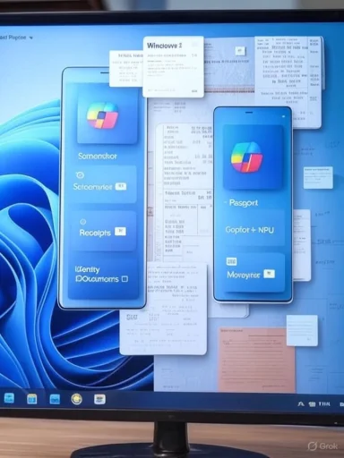 A monitor displays a blue, mobile-style Windows interface with floating app panels.