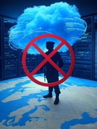 Silhouette of a soldier behind a red 'no' sign in a high-tech data center.