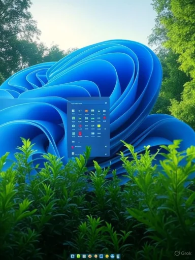 A giant blue spiral sculpture towers behind a tablet displaying apps, amid lush green foliage.