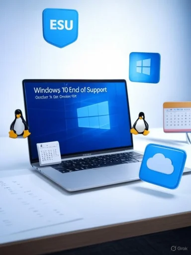 Windows 10 end-of-support notice on a laptop with ESU and cloud icons.