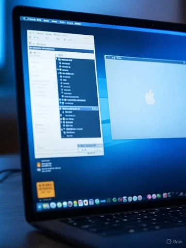 A laptop screen displays two overlapping windows on a blue macOS desktop.