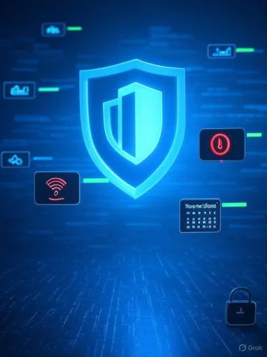 A glowing blue shield symbolizes cybersecurity, with assorted security icons around it.