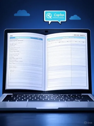 Laptop screen shows an open planner, with a Copilot logo floating above. Laptop screen shows an open planner, with a Copilot logo floating above.