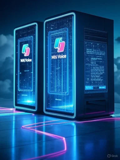 Two neon-blue, futuristic server cabinets glow with holographic panels in a high-tech data center.