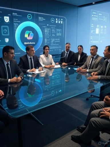 Executives gather around a glass conference table with a blue holographic display.