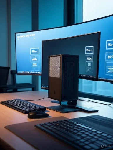 A dual-monitor workstation with a compact desktop tower on a stand.