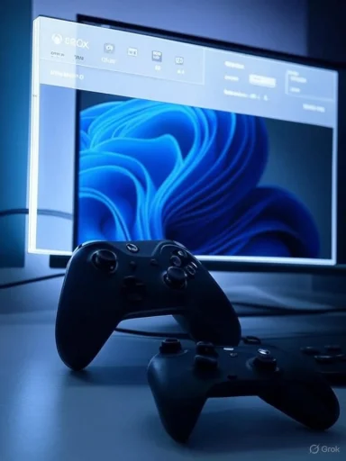 Two game controllers sit on a desk in front of a blue-lit monitor displaying abstract swirls.