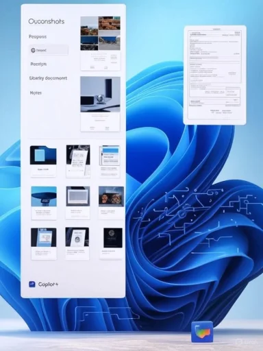 A tall white dashboard panel with image thumbnails and a floating document on a blue abstract background.