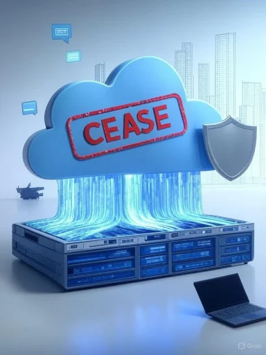 Blue cloud with a red 'CEASE' stamp hovers over a glowing data server guarded by a shield.
