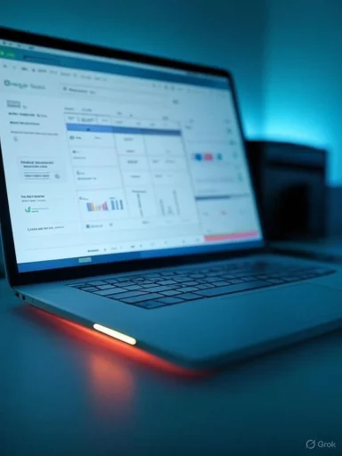 A laptop on a desk glows with blue ambient light, displaying a dashboard.