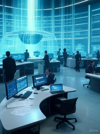 A blue-lit futuristic control room with staff at desks around a glowing central holographic pod.