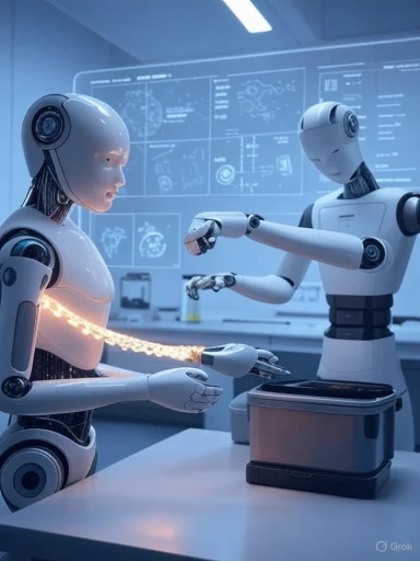 Two humanoid robots in a high-tech lab interact with a device as holographic screens glow in the background.