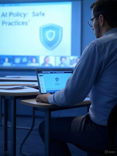 Man in a blue shirt watches a virtual AI policy presentation on safe practices.