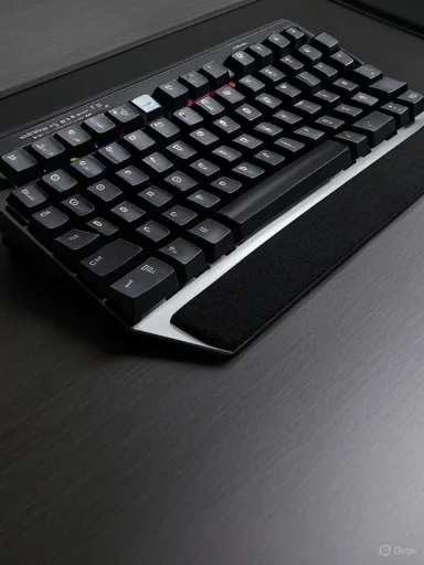 Black mechanical keyboard with a wrist rest on a dark desk.