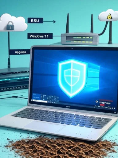 Laptop shows a glowing Windows shield with cloud icons and upgrade arrows, set above a dirt pile.