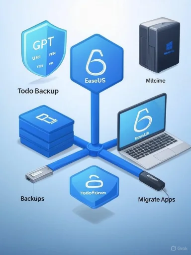 A blue hub diagram highlighting EaseUS tools for backups, migrations, and recovery.