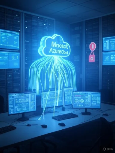 A blue neon cloud labeled Microsoft Azure with glowing data cables in a server room.