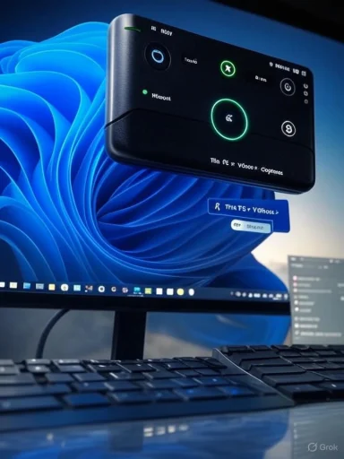 A black gadget with a glowing green ring hovers over a computer monitor.