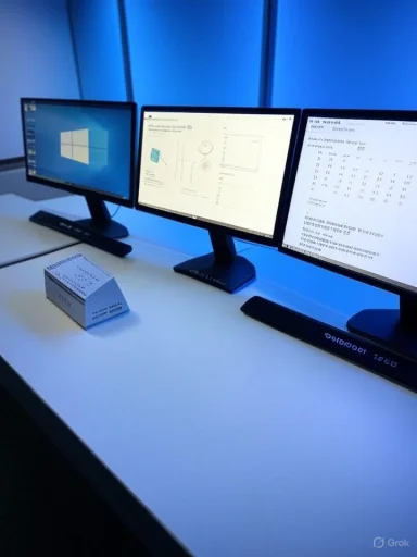 Triple-monitor workstation: Windows on the left, data and code on the center and right under blue lighting.
