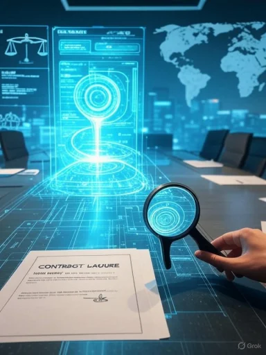 A hand holds a magnifying glass over a contract on a holographic blueprint in a high-tech conference room. A hand holds a magnifying glass over a contract on a holographic blueprint in a high-tech conference room.