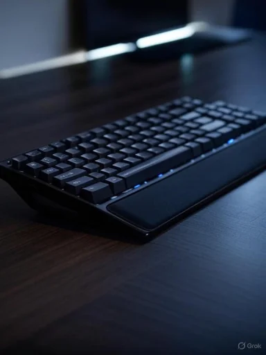 A sleek backlit keyboard rests on a dark desk with blue LED accents.