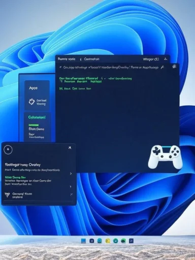 Windows-style desktop with dark windows, blue abstract wallpaper, and a small game controller icon.