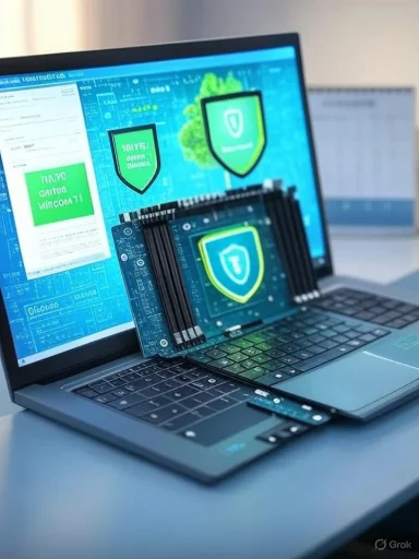 Laptop screen shows blue shield cybersecurity graphics as a RAM module sits across the keyboard.