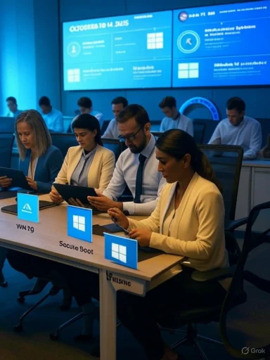 A diverse team in a blue-lit command center monitors a crisis simulation.