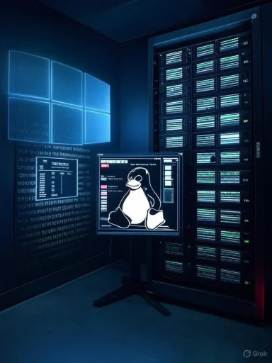 A server room with racks of servers and a monitor showing the Linux penguin (Tux) under blue lighting.