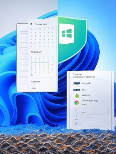 Floating windows with calendar sheets in front of a Windows shield logo.