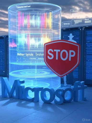 A large blue Microsoft logo beside a glowing holographic data cylinder and a STOP sign.