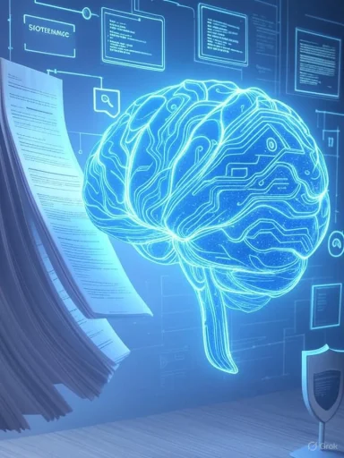 A glowing blue holographic brain with circuitry and documents.