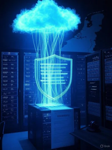 A glowing blue cloud hovers above a neon shield hologram in a data center.