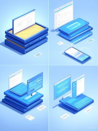 Isometric illustration of stacked blue laptops, monitors, and a connected smartphone across four panels.