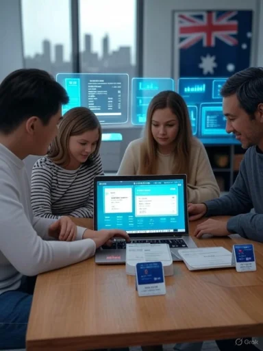 A diverse group collaborates around a laptop in a modern tech workspace.
