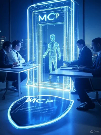 Blue neon holographic doorway labeled MCP reveals a digital human figure in a corporate boardroom. Blue neon holographic doorway labeled MCP reveals a digital human figure in a corporate boardroom.