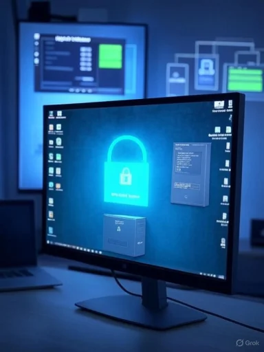 A computer monitor glows blue with a large padlock icon, symbolizing cybersecurity.