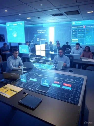 A futuristic training room filled with holographic blue dashboards and everyone using laptops.