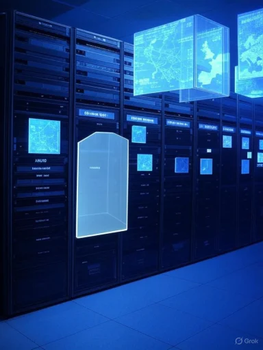 A futuristic data center with glowing blue holographic screens above server racks.