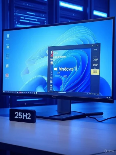 Blue-lit desk setup with a monitor displaying Windows 11 and a 25H2 sign on the table.
