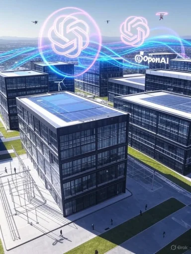 A futuristic cityscape of glass towers, solar roofs, drones, and glowing AI holograms.