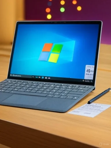 Windows laptop on a wooden desk with a stylus and a small note beside it.
