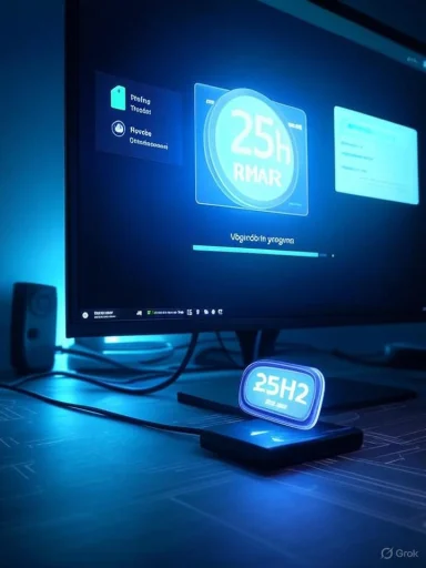 Blue neon-lit desk with a glowing 25H2 sign in front of a monitor.