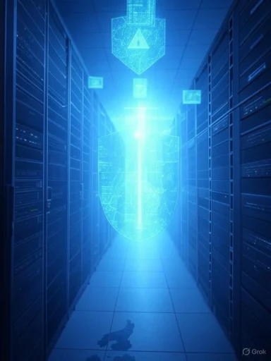Blue holographic shield floats through a data center, protecting the server racks.
