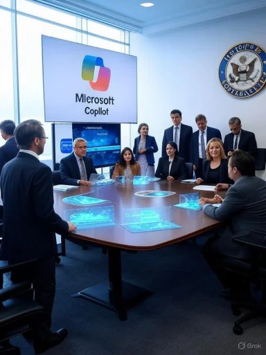 A formal business meeting around a futuristic round table, with a large screen displaying a colorful logo.