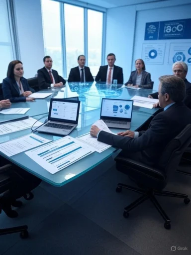 Executives in a boardroom discuss data around a glass conference table.