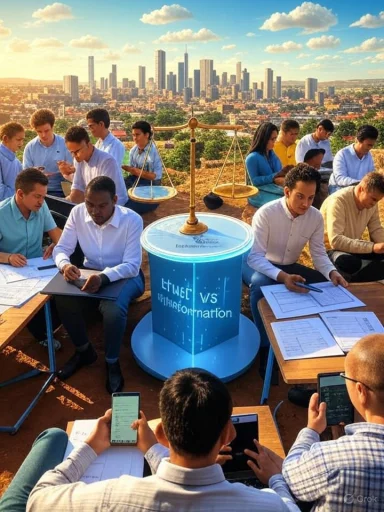 Students study outdoors around a giant scale with a city skyline in the background.